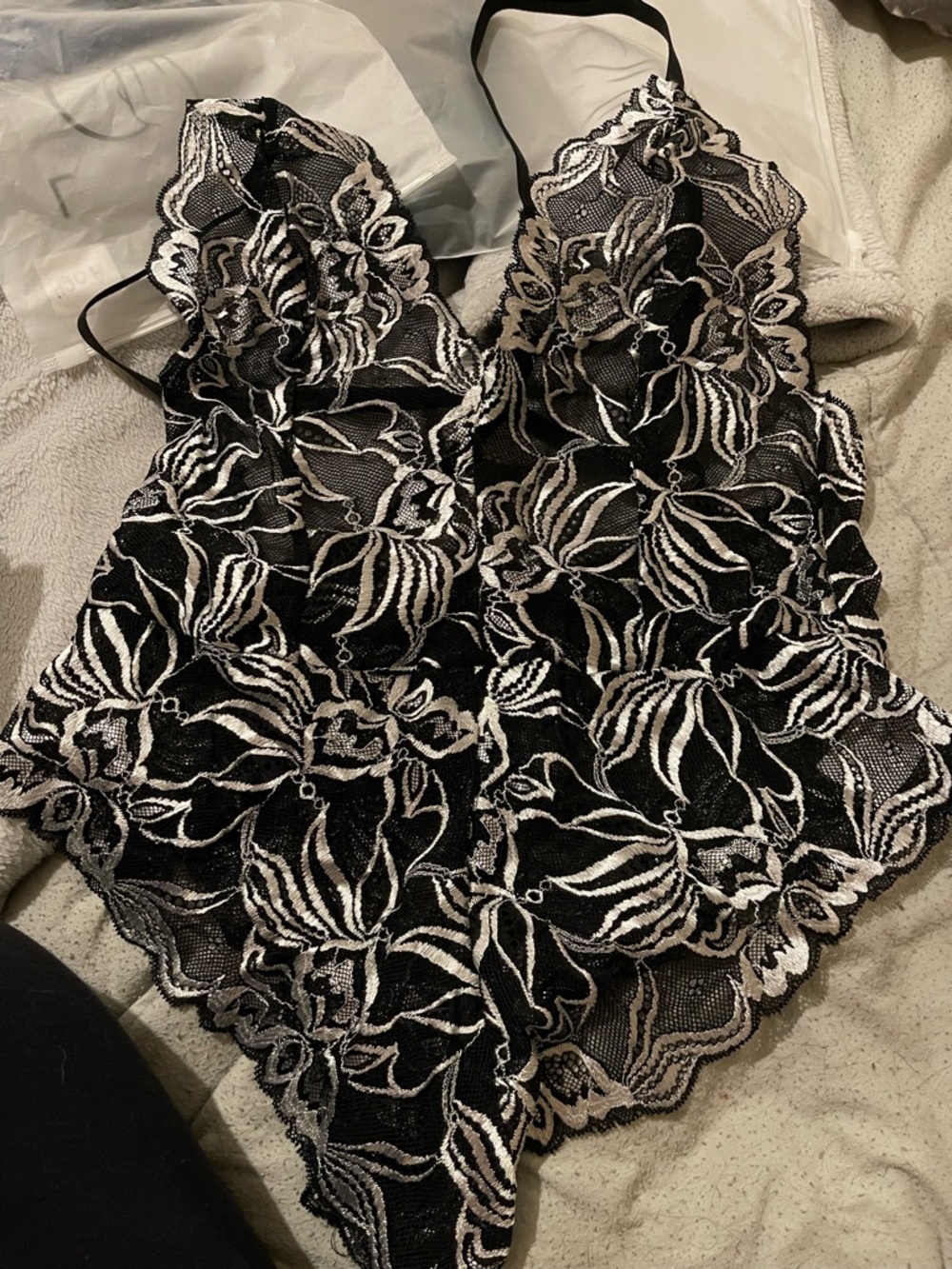 Black & White Floral Lace Chemise - Elegant Sheer Slip